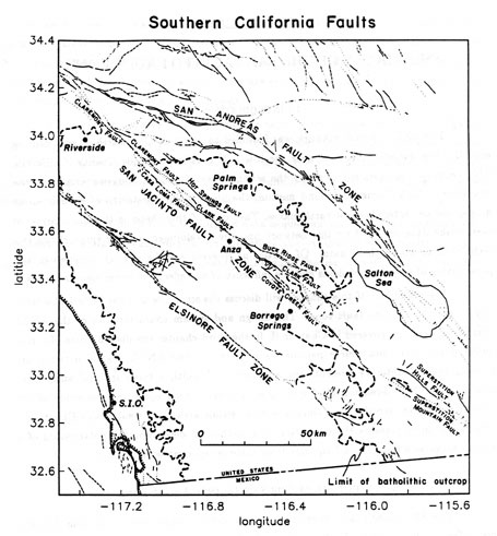 Fault map of southern California with the individual strands of the San 