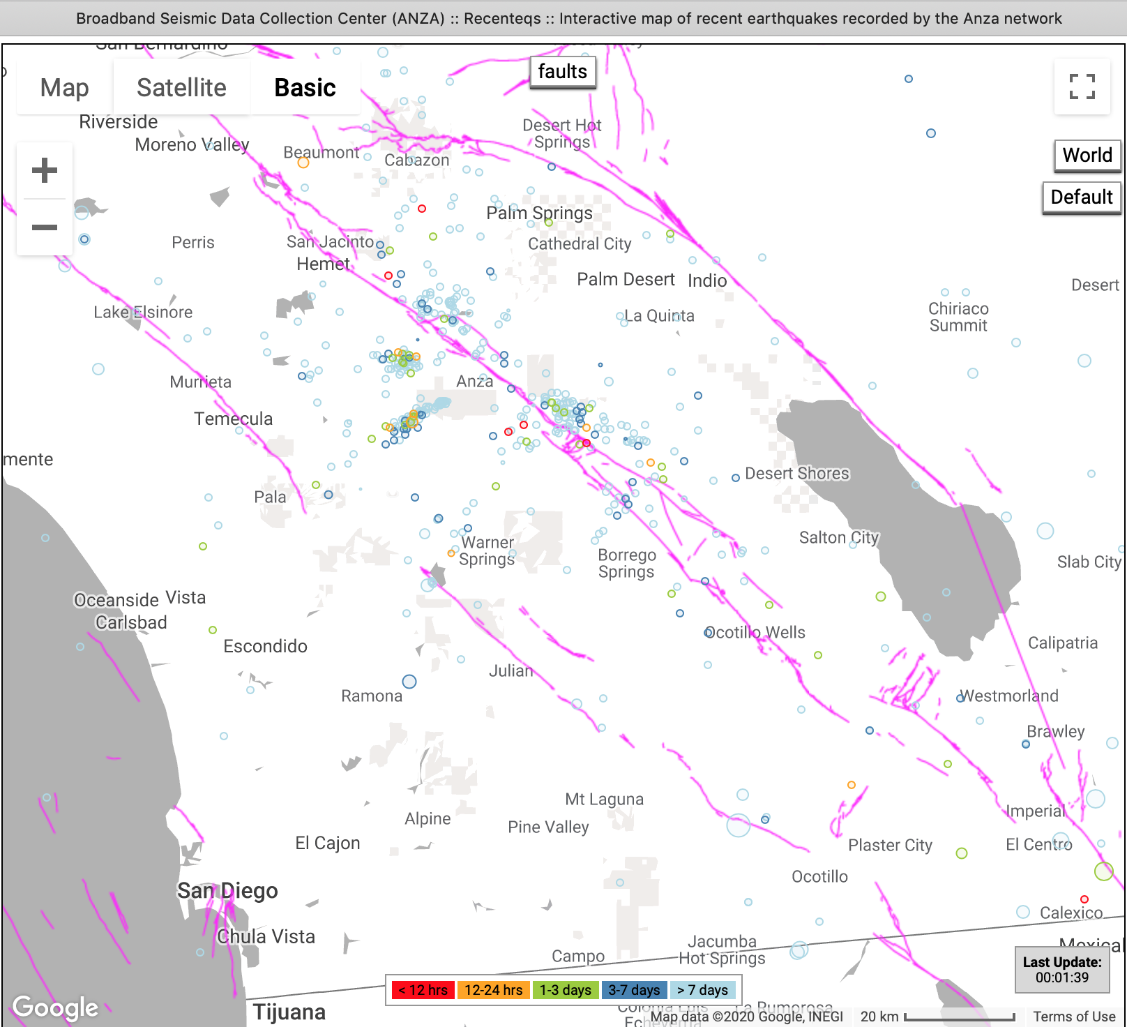 Google map showing recent earthquakes located in Southern Californa by the Anza seismic network