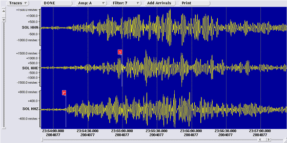 3 component seismometer recordings at Soledad