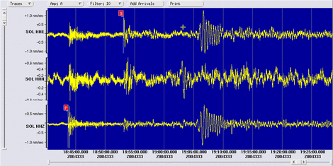 3 component seismometer recordings at Soledad