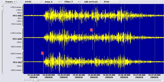 3 component seismometer recordings at Pinon Flats Observatory