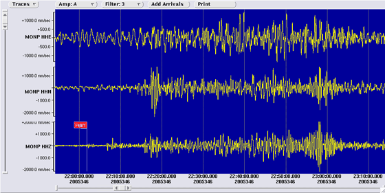 3 component seismometer recordings at Monument Peak
