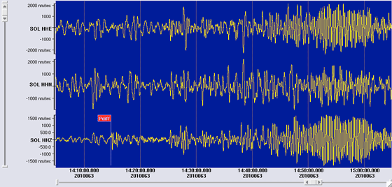 3 component seismometer recordings at Soledad (0.01–0.07BP filtered)