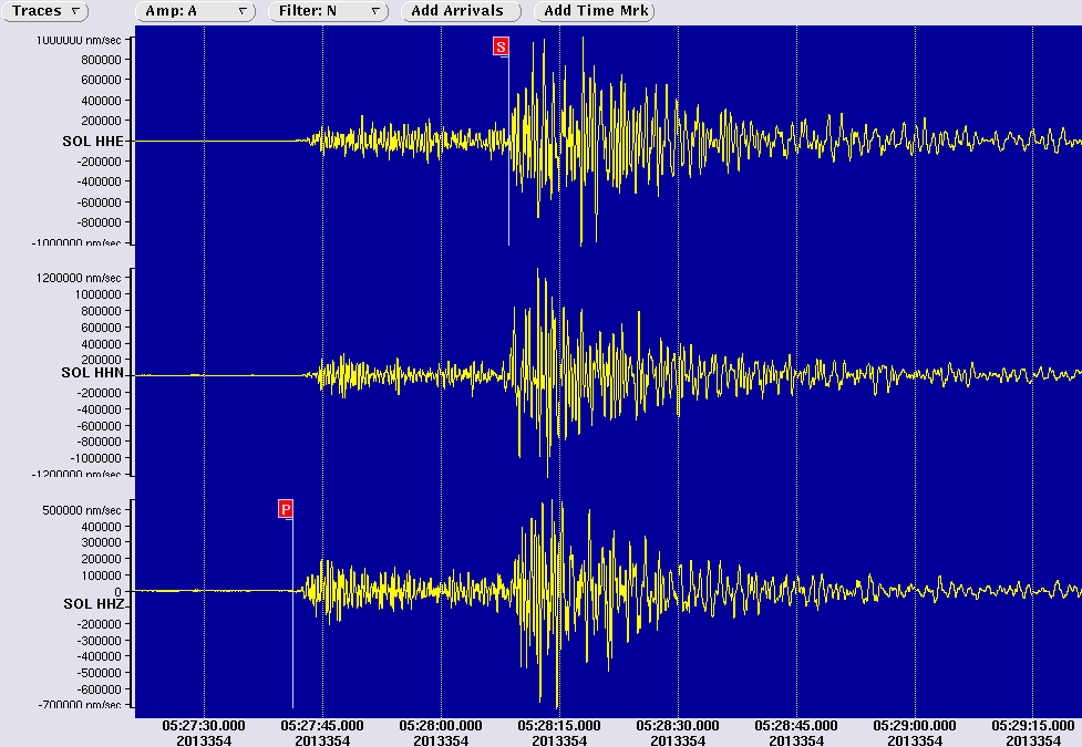 3 component seismometer recordings at Soledad