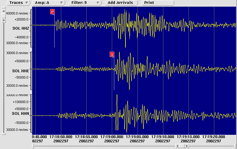 3 component seismometer recordings at Soledad
