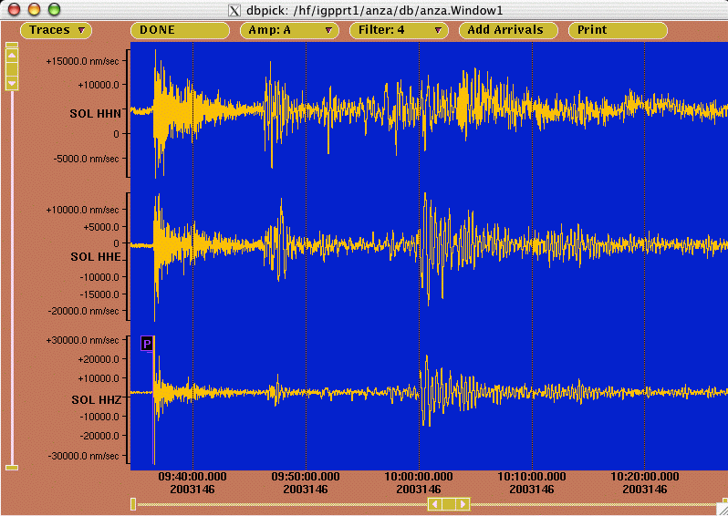 3 component seismometer recordings at Soledad