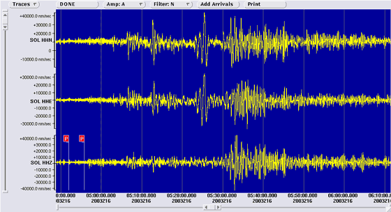 3 component seismometer recordings at Soledad