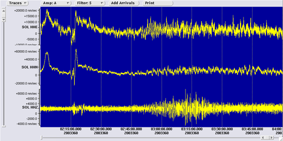 3 component seismometer recordings at Soledad