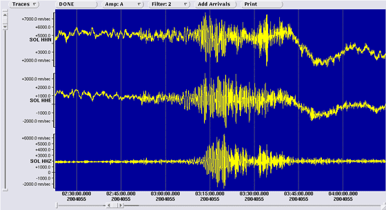 3 component seismometer recordings at Soledad