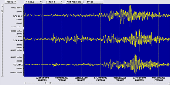 3 component seismometer recordings at Soledad