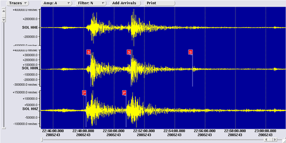 3 component seismometer recordings at Soledad