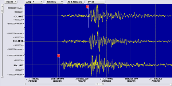 3 component seismometer recordings at Soledad