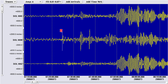 3 component seismometer recordings at Soledad