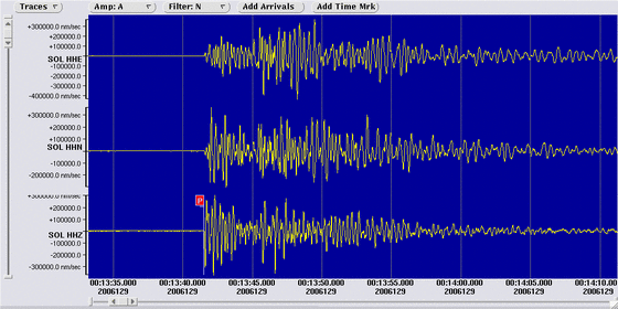 3 component seismometer recordings at Soledad