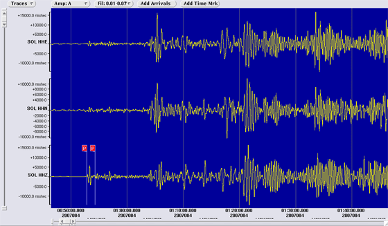 3 component seismometer recordings at Soledad