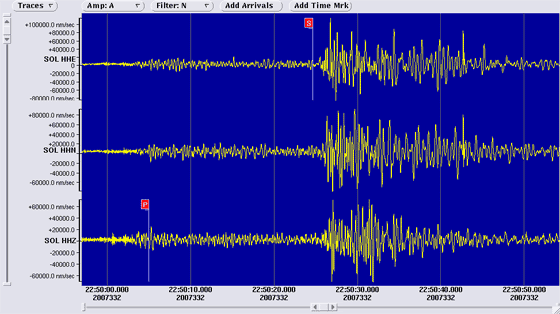 3 component seismometer recordings at Soledad