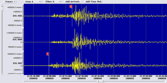 3 component seismometer recordings at Soledad