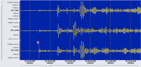 0.01–0.07BP filtered 3 component seismometer recordings at Soledad