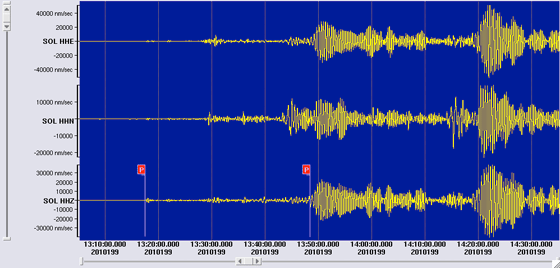 3 component seismometer recordings at Soledad